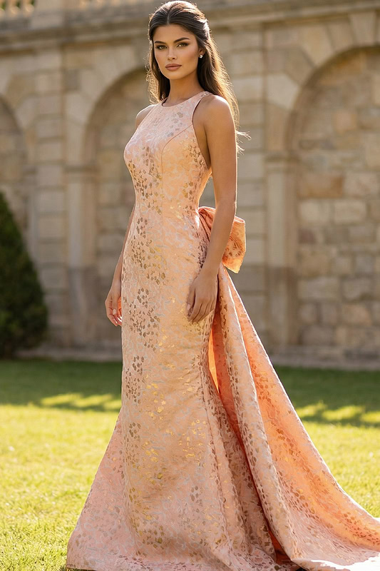 Metallic Jacquard Gown With Statement Bow Back 49382 | Jovani