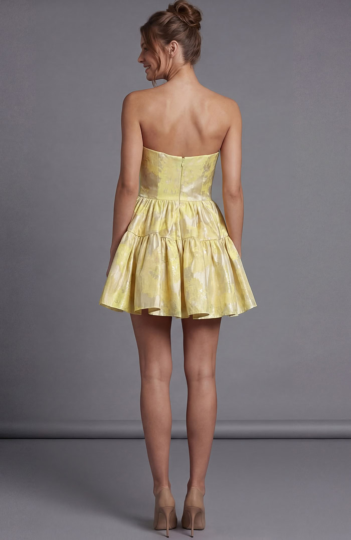 Strapless Floral Brocade Tiered Mini Dress 49406 | Jovani