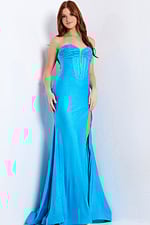 blue sweetheart neckline high slit dress 49414