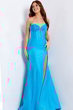 blue sweetheart neckline dress with high side slit 49414