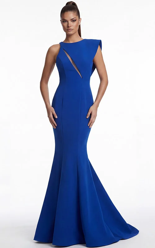 Front view of a fitted gown with asymmetric neckline and angular cutout detail