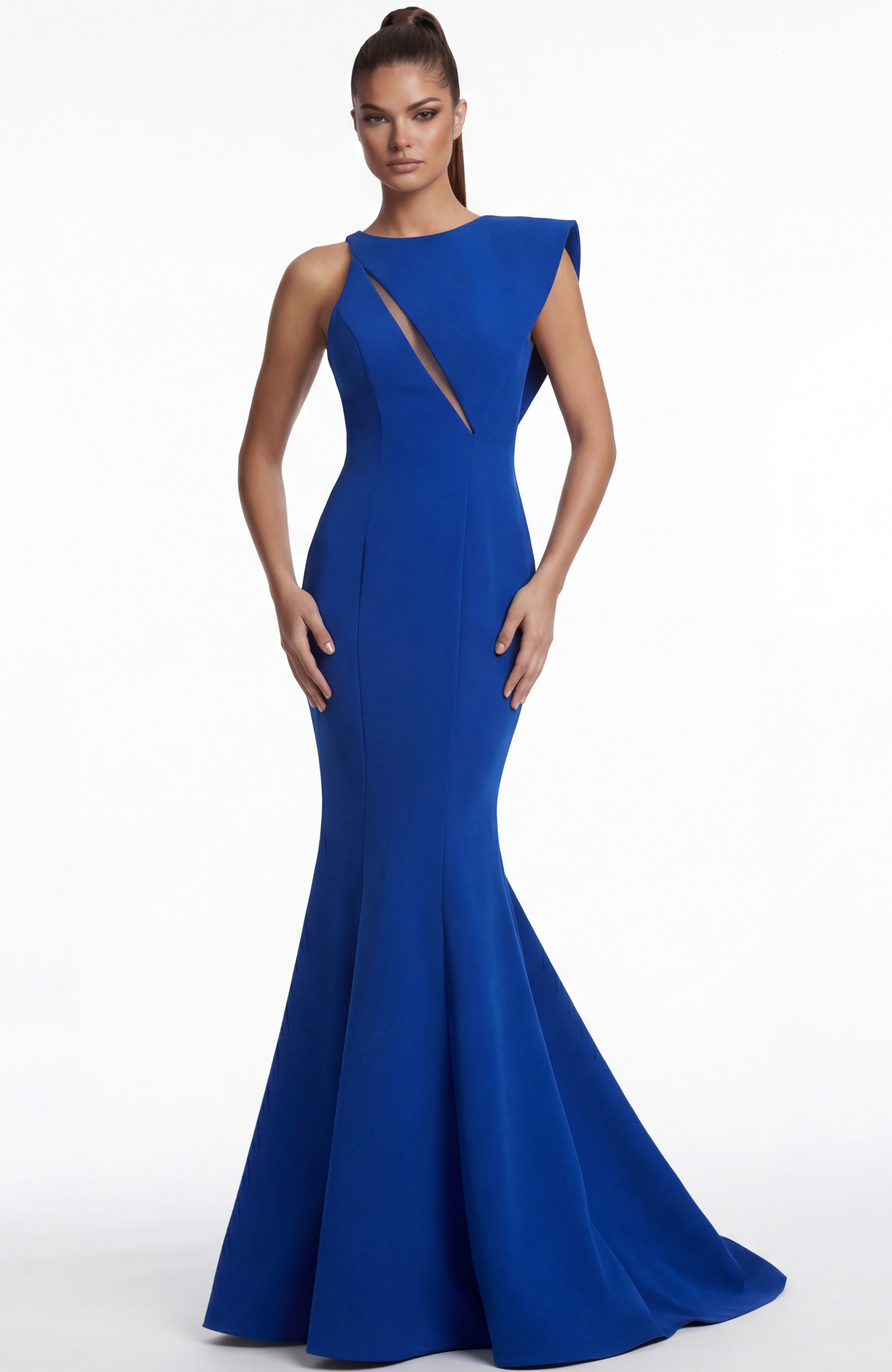 49416-1 Front view of a fitted gown with asymmetric neckline and angular cutout detail