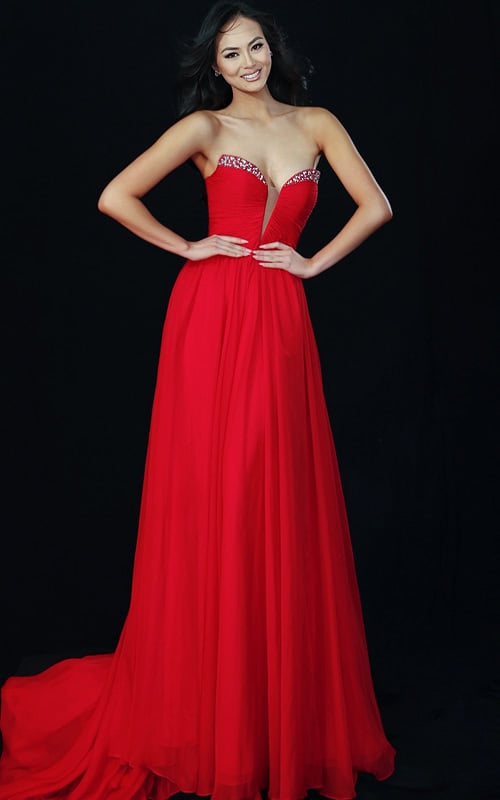 Strapless red chiffon prom dress with crystal-trimmed sweetheart neckline