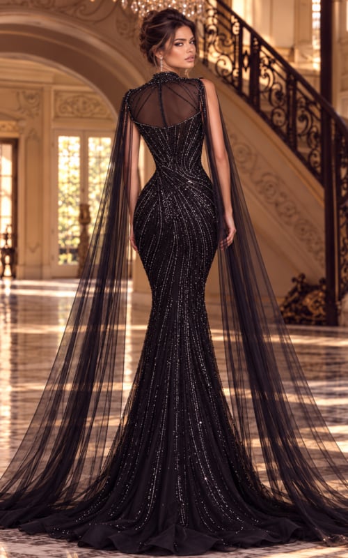 Back view of black beaded mermaid gown showing the illusion back and sweeping cape