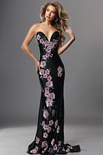 black sheath long dress with strapless sweetheart sequin floral