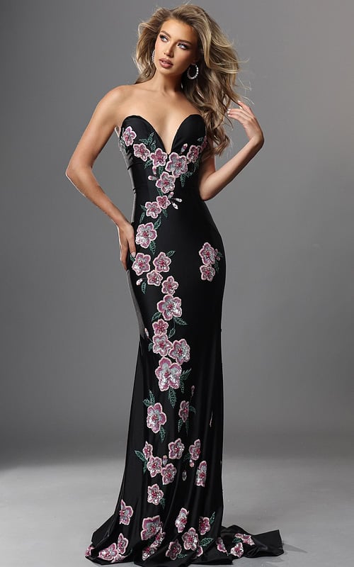 black sheath long dress with strapless sweetheart sequin floral