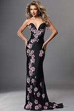 black sheath long dress with strapless sweetheart sequin floral