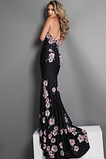 black sheath long dress with strapless sweetheart sequin floral