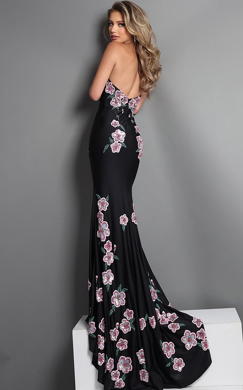 black sheath long dress with strapless sweetheart sequin floral
