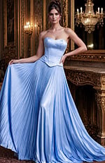 Strapless satin gown with structured bodice and full pleated skirt