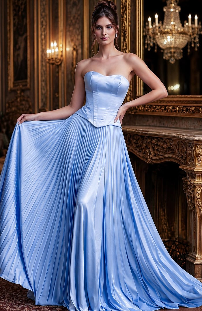 Strapless satin gown with structured bodice and full pleated skirt
