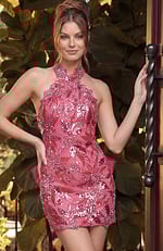 Vibrant pink cocktail dress with a high halter neckline and shimmering 3D sequin flower patterns.