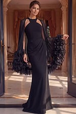 strapless satin prom dress front view with structured bodice and high slit
