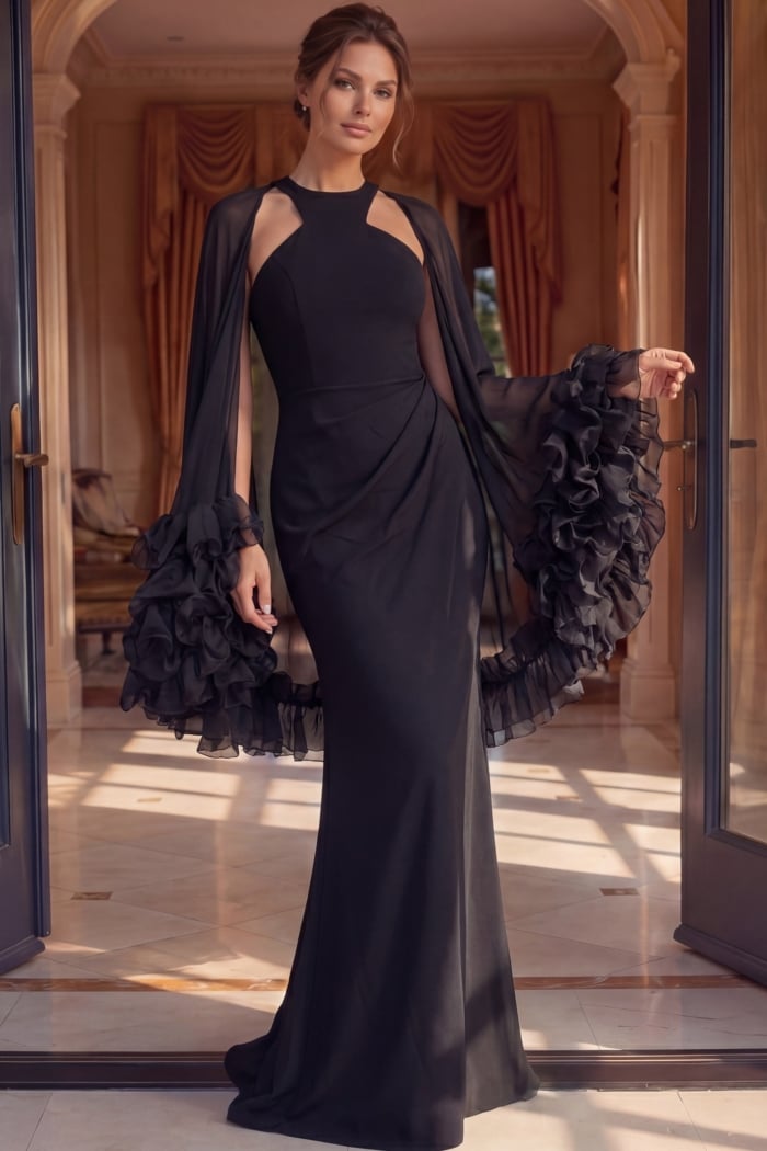 strapless satin prom dress front view with structured bodice and high slit