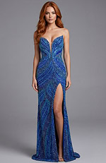 Strapless beaded fitted gown with sweetheart neckline and thigh high slit