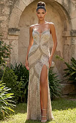 v neckline beaded high slit dress 49452