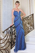royal strapless beaded fitted gown with sweetheart neckline - front full body, leaning railing hand hip smiling