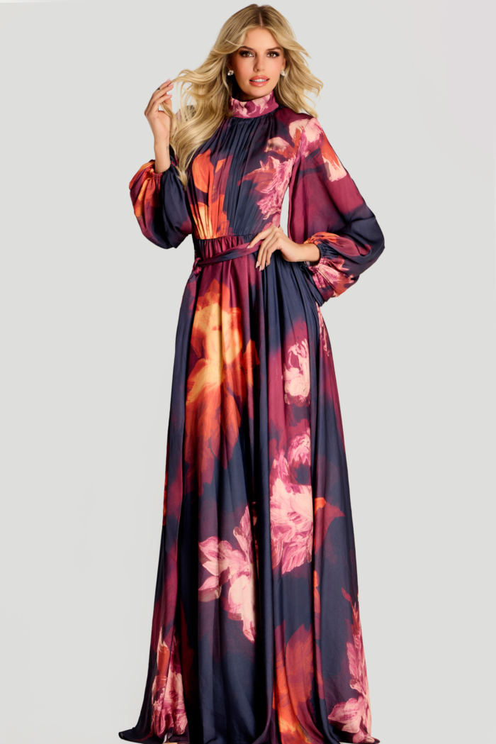 high neck long sleeves print dress 49464