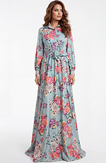 Long sleeve floral chiffon gown with button front and tied waist detail