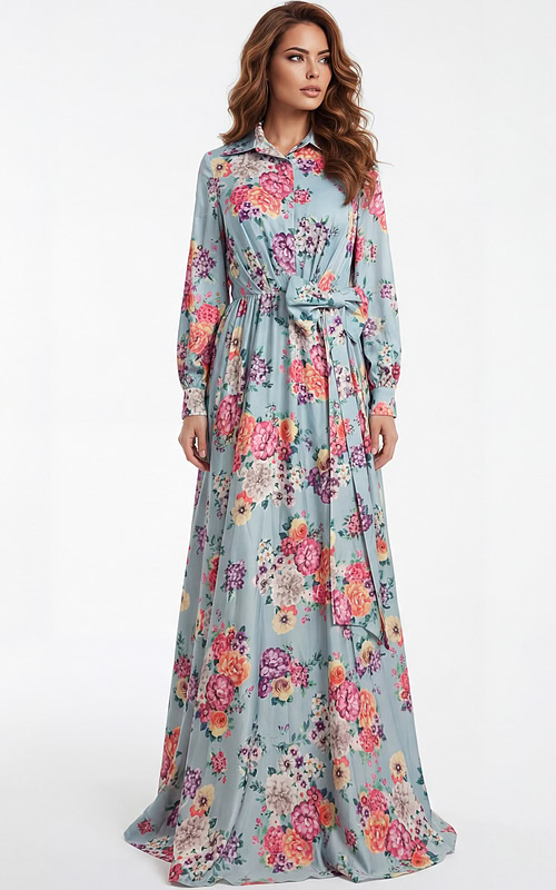 Long sleeve floral chiffon gown with button front and tied waist detail