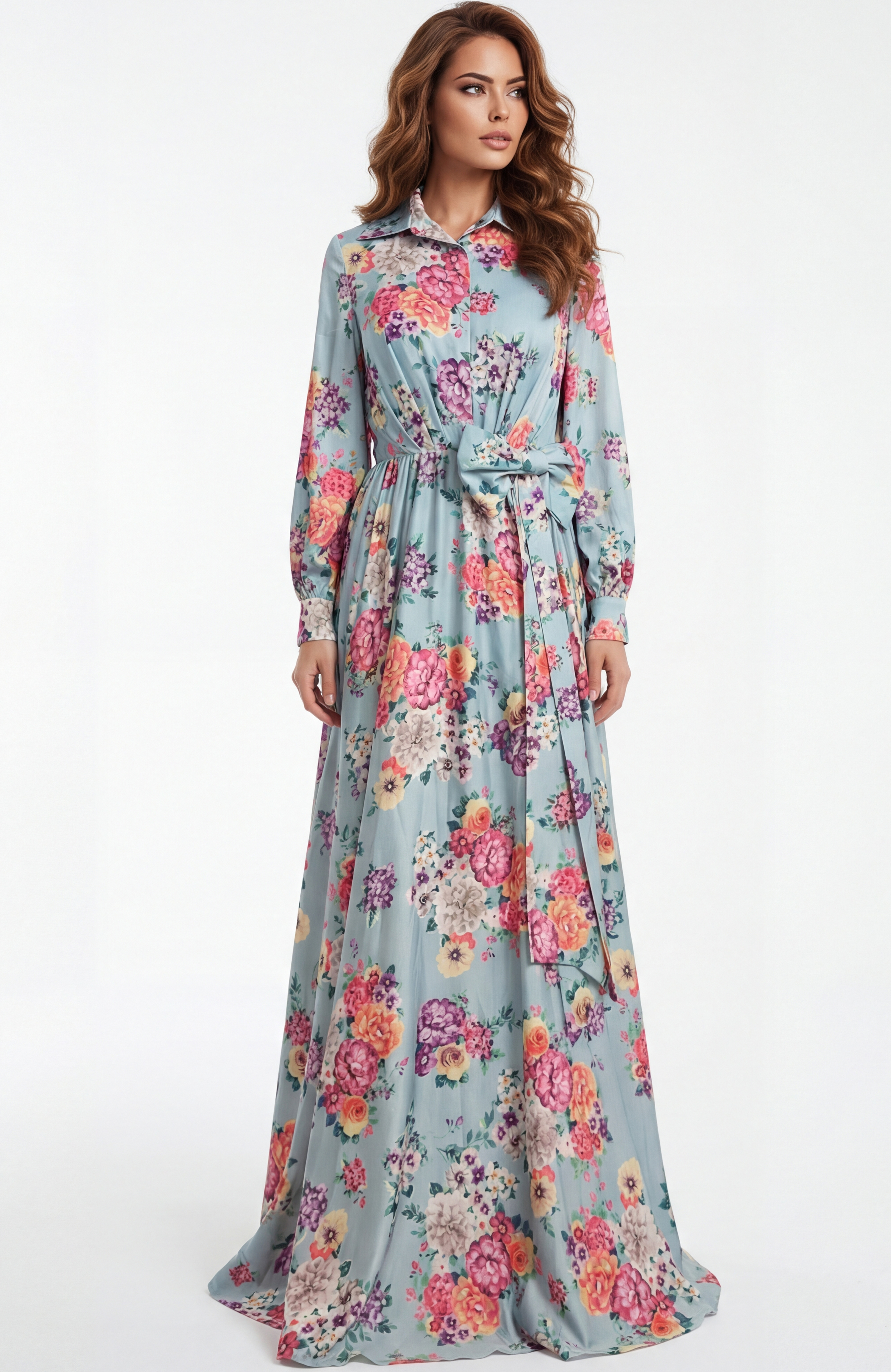 49470-1 Long sleeve floral chiffon gown with button front and tied waist detail