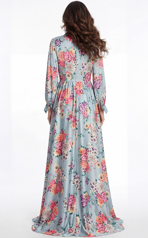 Back view of floral long sleeve chiffon gown with flowing skirt and soft drape
