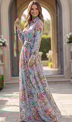 Floral Print Long Sleeve Chiffon Gown 49470 - Image 4