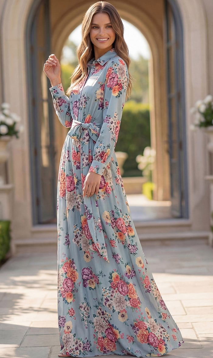 Floral Print Long Sleeve Chiffon Gown 49470