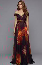 Off shoulder floral print chiffon gown with fitted bodice and flowing skirt