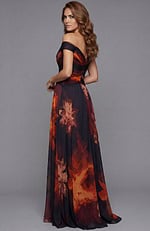 Back view of off shoulder floral chiffon gown with softly draped silhouette