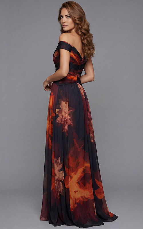 Back view of off shoulder floral chiffon gown with softly draped silhouette