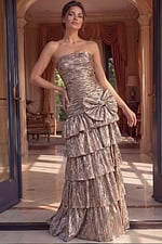 classic evening gown front view with strapless neckline and voluminous skirt