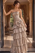 Strapless Tiered Ruffle Gown With Bow Accent 49475