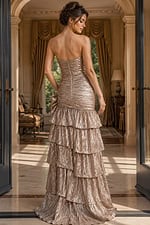 back of ruched bodice metallic layered dress 49475