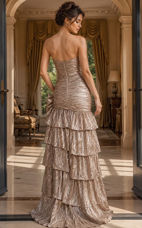 back of ruched bodice metallic layered dress 49475