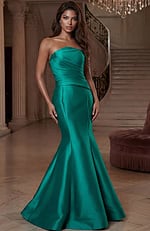 Strapless satin trumpet gown with draped bodice and fitted silhouette
