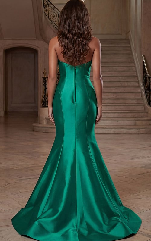 Floor length satin gown featuring smooth seams and flared trumpet hem