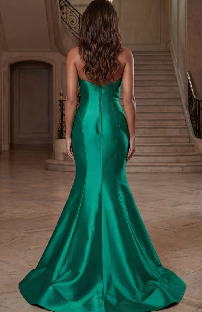 Floor length satin gown featuring smooth seams and flared trumpet hem