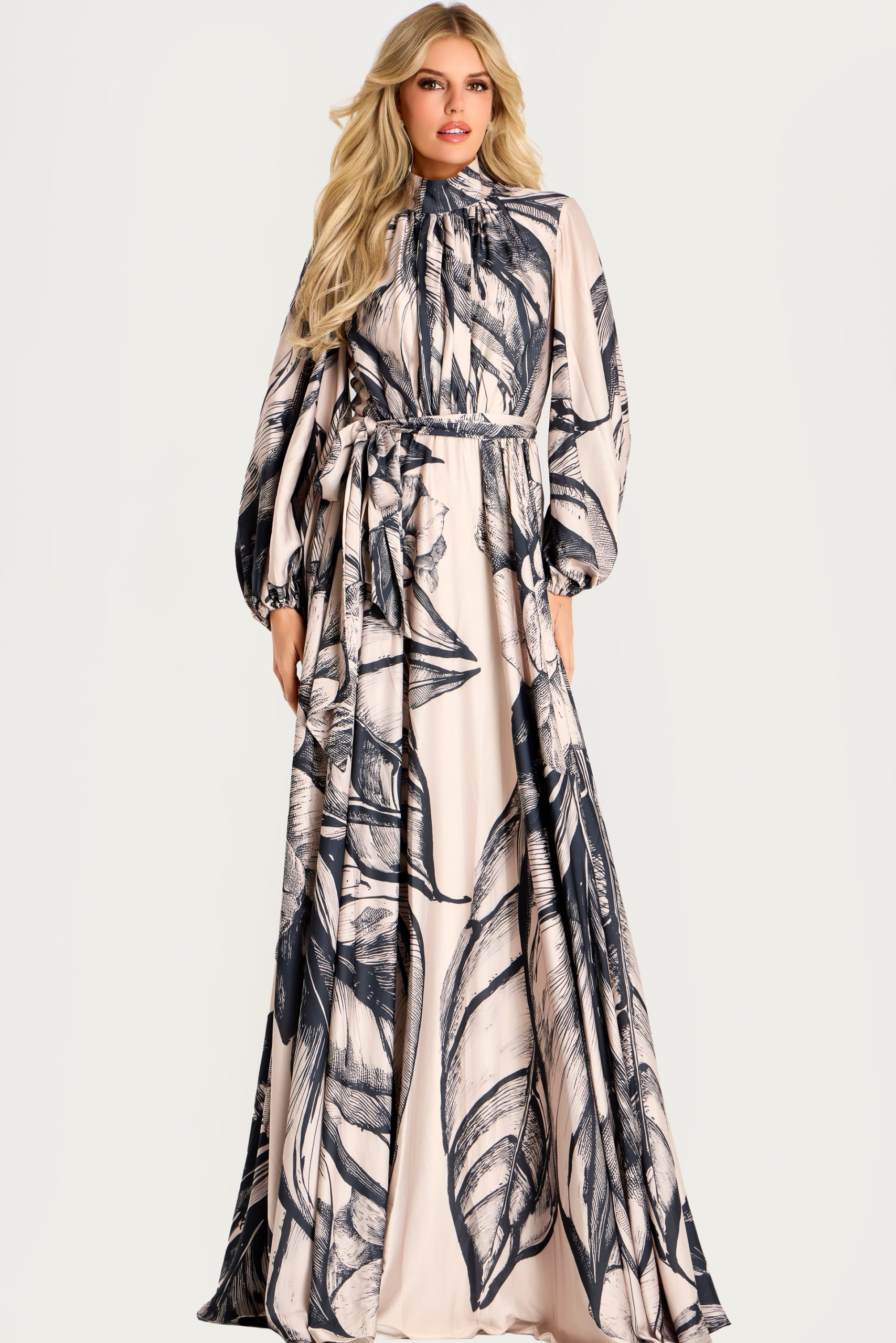 High Neck Long Sleeve Floral Satin Gown 49500 | Jovani