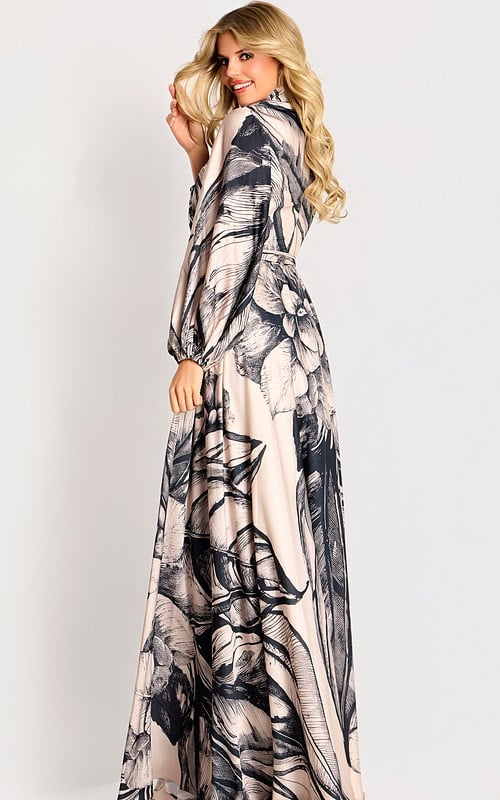 Long-sleeve maxi dress with a high neckline and bold botanical print, featuring a flowy silhouette and soft drape.