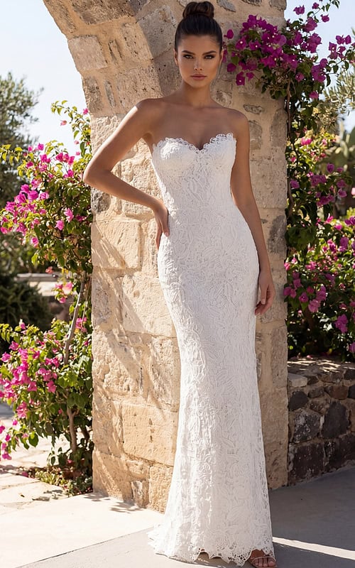 Strapless lace bridal gown with fitted column silhouette and floral texture