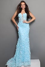 sky blue trumpet long dress with strapless deep v 3d floral sequin