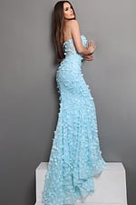sky blue trumpet long dress with strapless deep v 3d floral sequin