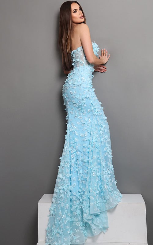 sky blue trumpet long dress with strapless deep v 3d floral sequin
