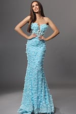 sky blue trumpet long dress with strapless deep v 3d floral sequin