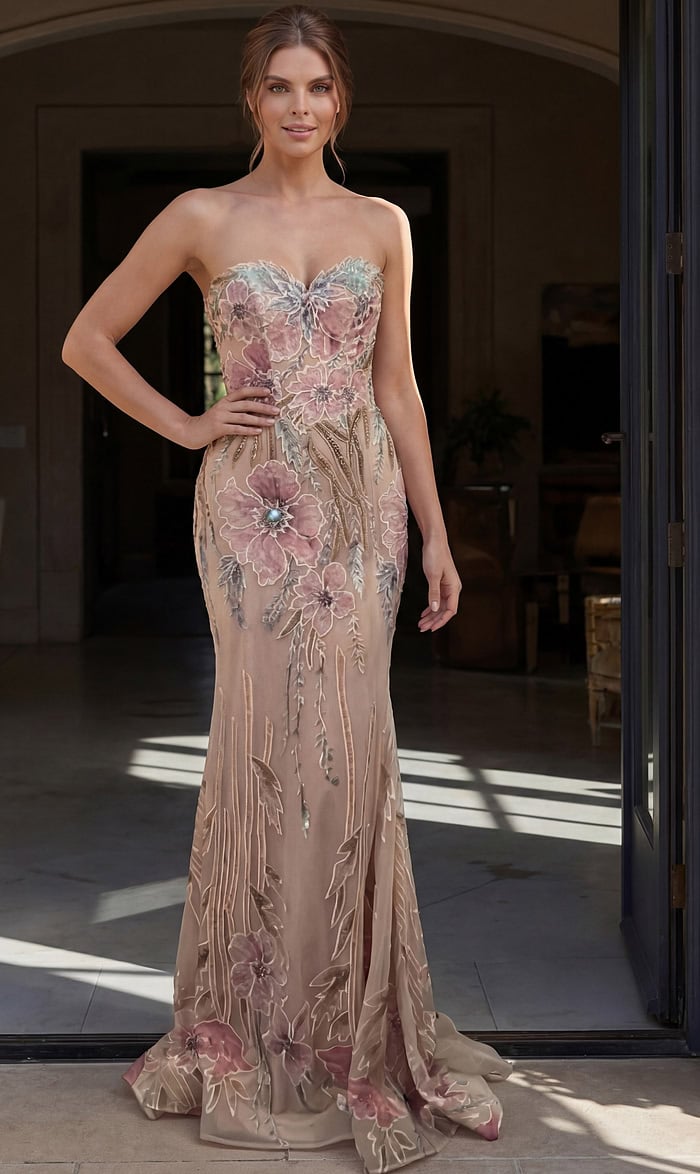 nude pink floral sequin strapless sweetheart gown with fitted silhouette