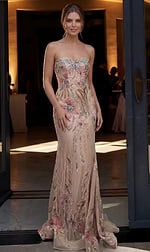nude pink floral sequin strapless sweetheart gown with fitted silhouette