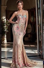 nude pink floral sequin strapless sweetheart gown with fitted silhouette