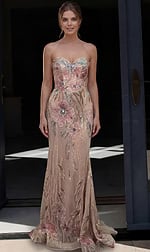 nude pink floral sequin strapless sweetheart gown with fitted silhouette