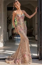 nude pink floral sequin strapless sweetheart gown with fitted silhouette